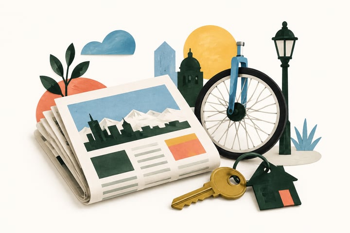 Editorial illustration of a local newspaper, house key and bicycle wheel