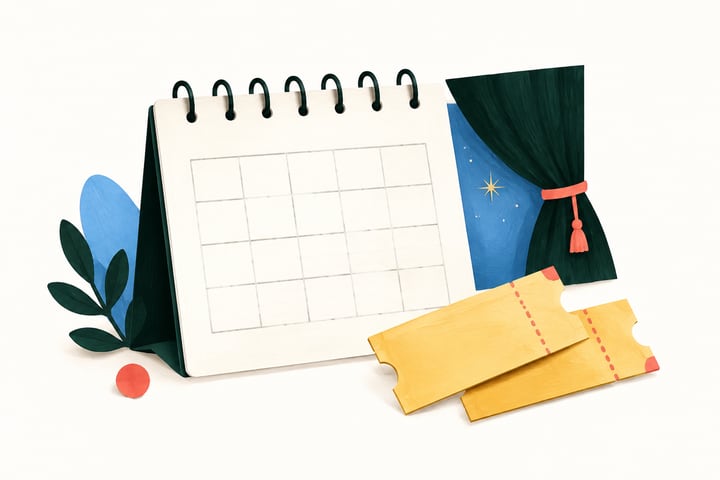 Editorial illustration of a blank calendar, tickets and a theater curtain