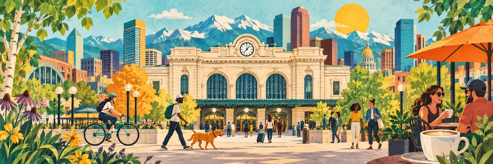 Colorful editorial illustration of Denver city life, mountain views, cyclists and neighborhood cafes