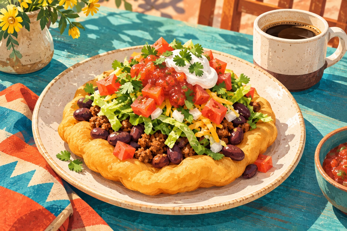 Editorial illustration of a frybread taco and coffee; not a photograph of a featured restaurant’s food