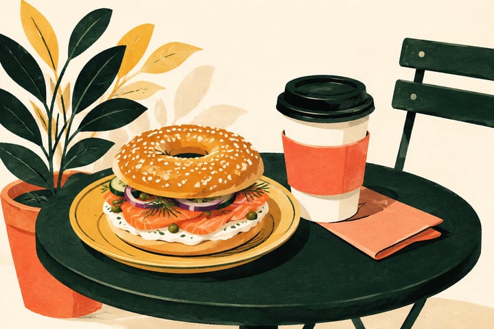 Editorial illustration of a bagel and coffee; not a photograph of a featured restaurant’s food
